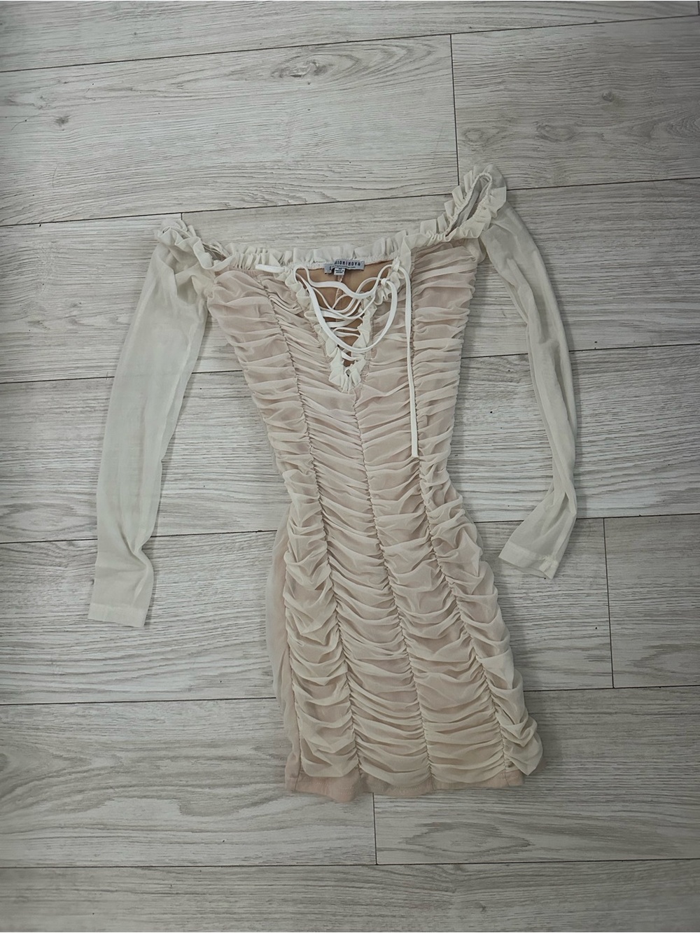 Fashion Nova Sheer Ruched Off-Shoulder Mini Dress in Cream